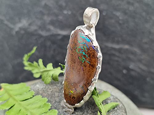 LeoLars-PABE Boulder Matrix Opal Design Anhänger aus 925er Silber, Mehrfarbig, Opal 32x15mm, Unikat, Handarbeit