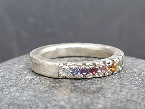 LeoLars-PABE Regenbogen Bandring aus 925er Silber mit 8 verschiedenen Edelsteinen, Gr. 53, Unikat, Handarbeit