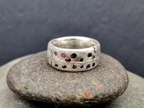 LeoLars-PABE Design Sandguss Ring, Gr.53 (16,8), aus 925er Silber mit eingegossenen echten verschiedenen Edelsteinen, Sandguss Oberfläche, Nr.60, Unikat, Handarbeit