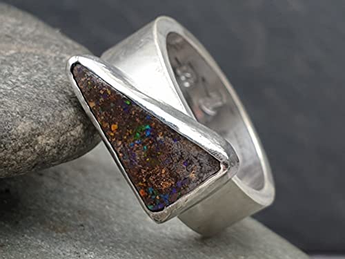 LeoLars-PABE Boulder Opal Ring aus 925er Silber, Gr.52, Massiv, Seidenmatt, Opal 14.5x8mm, Unikat, Handarbeit