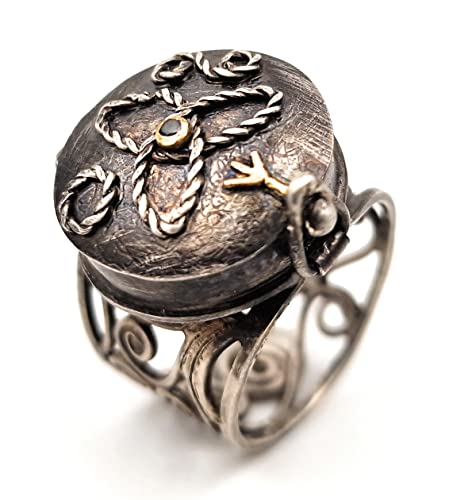 LeoLars-PABE Filigree Ring mit Geheimfach aus 925er Silber, Gr.60 (19), mit Chromdiopsid in Feingoldfassung und Feingold Rune, teilgeschwärzt, Runen, Unikat, Handarbeit