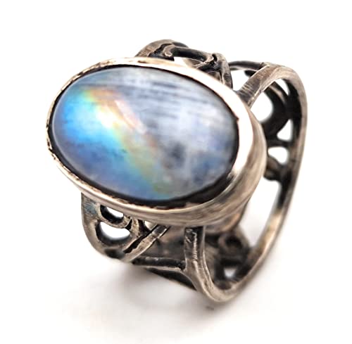 LeoLars-PABE Weißer Labradorit Filigree Ring, Gr.57-58, aus 925er Silber, Regenbogen Mondstein, teilgeschwärzt, magisch, mystisch, Unikat, Handarbeit
