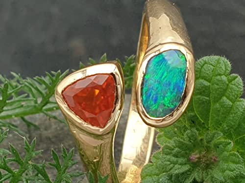 LeoLars-PABE Edler Boulder Opal und Feueropal Design Ring, Gr. 58, aus 750er Gelbgold, Fire and Water, Unikat, Handarbeit