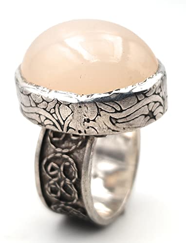 LeoLars-PABE Mondstein Ring aus 925er Silber, Gr.57, Großer Mondstein mit Filigree Elementen und Muster, Unikat, Handarbeit