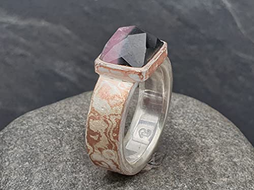 LeoLars-PABE Mokume Gane Silber-Kupfer Ring, Gr.52 mit zweifarbigem Turmalin, Unikat, Handgeschmiedet