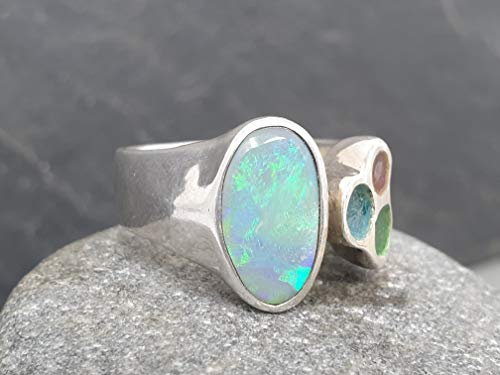 LeoLars-PABE Lightning Ridge Opal Ring oben offen mit Emaille aus 925er Silber, Gr.59, Unikat, Handarbeit