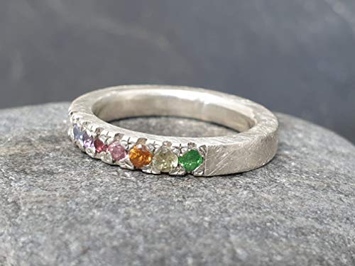 LeoLars-PABE Regenbogen Bandring aus 925er Silber mit 8 verschiedenen Edelsteinen, Gr. 53, Unikat, Handarbeit