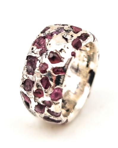 LeoLars-PABE Design Sandguss Ring, Gr.51-52 (16,3), aus 925er Silber mit eingegossenen Spinell Rohsteinen, Unikat, Handarbeit
