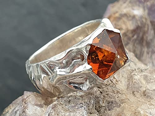 LeoLars-PABE Citrin Design Ring aus 925er Silber, Gr.60, Sonderschliff, Organisch, Hammerschlag, Unikat, Handarbeit