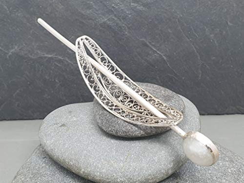 Haarnadel, Fibel aus 925er Silber mit weißem Labradorit in Filigree, Filigran, Unikat, Handarbeit