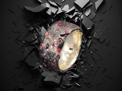 LeoLars-PABE Vulkan Design Sandguss Ring, Gr. 62 (19,7), mit eingegossenen Spinellen, aus 925er Silber, sehr massiv, geschwärzt, Sandguss typische oberfläche, Unikat, Handarbeit