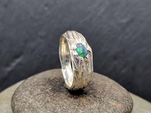 LeoLars-PABE 925er Silber Design Ring mit schwarzen Opal, Gr. 60 (19), mit grün - blauen Opalfeuer, organisch - natürliches Design, Unikat, Handarbeit