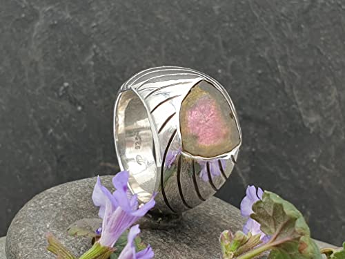 LeoLars-PABE Wassermelonen Turmalin Design Ring, Gr.58 (18.5), aus 925er Silber, Streifen, massiv, teilgeschwärzt, Unikat, Handarbeit