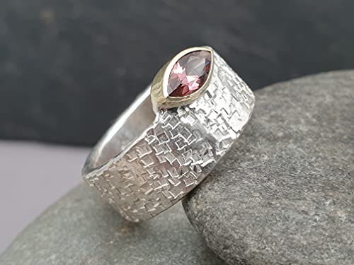 LeoLars-PABE Rosa Turmalin Ring, Gr.54, aus 925er Silber mit 585er Goldfassung, Structure Design, Unikat, Handarbeit