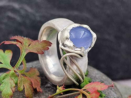 LeoLars-PABE Chalcedon Design Ring, Gr.58 (18,5), aus 925er Silber, Wellen Design, Massiv, Seidenmatt, Unikat, Handarbeit