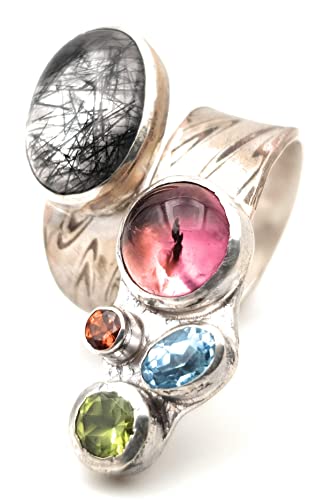 LeoLars-PABE Farbenfroher Ring, Gr. 59-60, aus Mokume Gane -Silber/Kupfer- mit verschiedenen Edelsteinen, Unikat, Handarbeit