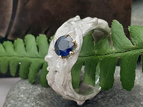LeoLars-PABE Saphir Design Ring, 925er Silber, Gr.58, Organic Design, 585er Goldfassung, Unikat, Handarbeit