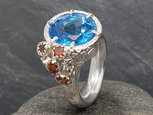 LeoLars-PABE Design Ring Fire and Ice mit Blautopas und Mandarin Granat, 925er Silber, Gr. 61, Unikat, Handarbeit