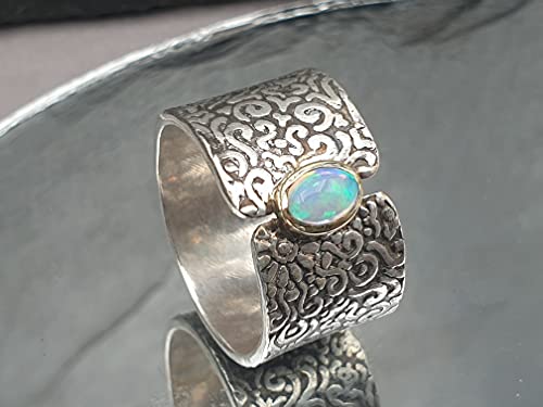 LeoLars-PABE Lightning Ridge Opal Design Ring, Gr.59 aus 925er Silber mit 585er Goldfassung, Unikat, Handarbeit
