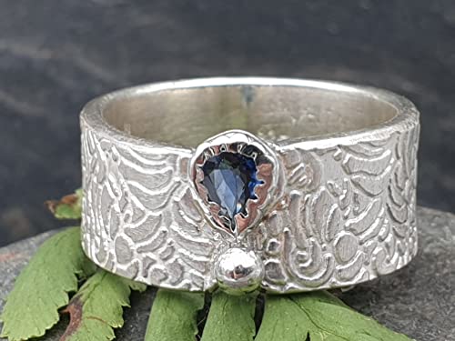 LeoLars-PABE Saphir Design Ring, Gr. 62-63, aus 925er Silber, Structure Design mit Silberperle, Unikat, Handarbeit
