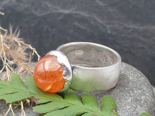 LeoLars-PABE Mandarin Granat Design Ring, Gr.55, aus 925er Silber, High Dome, eismattiert, Unikat, Handarbeit