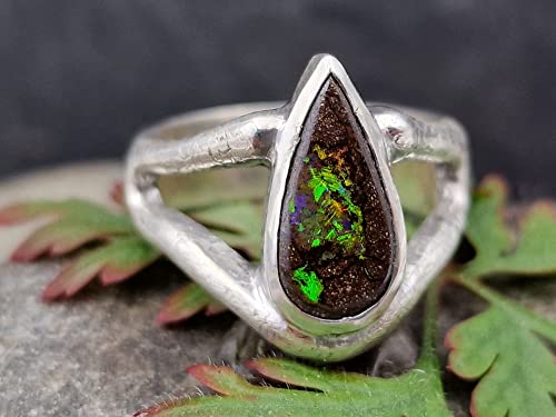 LeoLars-PABE Boulder Opal Design Ring, Gr.55 (17.5), aus 925er Silber, teil-eismattiert, Tropfen, Unikat, Handarbeit