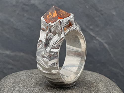 LeoLars-PABE Citrin Design Ring aus 925er Silber, Gr.60, Sonderschliff, Organisch, Hammerschlag, Unikat, Handarbeit
