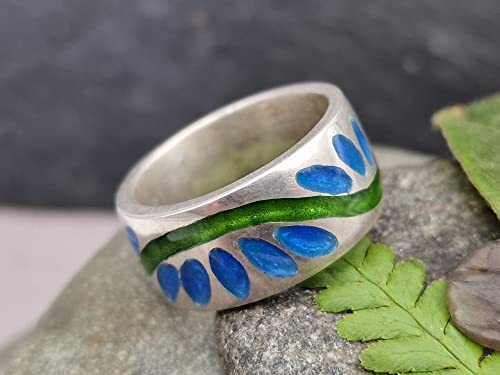 LeoLars-PABE Emaille Ring, Gr.61 (19.5), aus 925er Silber, grün-blau floral-blumig stilisiertes Muster, umlaufend, Unikat, Handarbeit