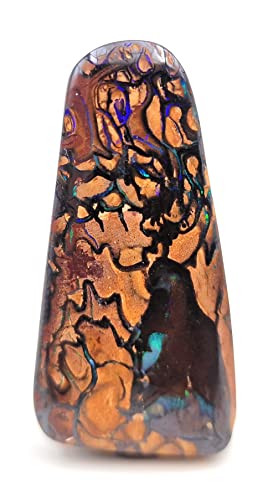 LeoLars-PABE gebohrter Boulder Opal Anhänger mit 60cm Lederband, Matrix, lila und grüne Opaladern und Feuer, Opal 44.1 x 21.5 x 8.2mm, Unikat, Handgeschliffen