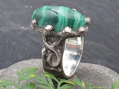 LeoLars-PABE Malachit Design Ring aus 925er Silber, Gr.58, grob gearbeitet, gebürstet, teilgeschwärzt, Unikat, Handarbeit