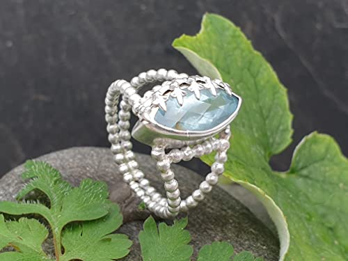 LeoLars-PABE Aquamarin Design Ring, Gr.58 (18,5), aus 925er Silber, Eisblume, Perldraht Ringschiene, Unikat, Handarbeit