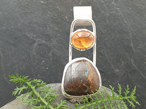 LeoLars-PABE Boulder Opal, Mandarin Granat Anhänger aus 925er Silber, Röhrchen mit Muster, Unikat, Handarbeit