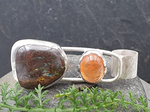 LeoLars-PABE Boulder Opal, Mandarin Granat Anhänger aus 925er Silber, Röhrchen mit Muster, Unikat, Handarbeit
