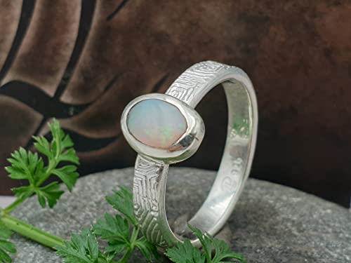 LeoLars-PABE Lightning Ridge Semi Chrystal Opal Ring, Gr.59, 925er Silber, Opal 7x5mm, Structure Design, Unikat, Handarbeit