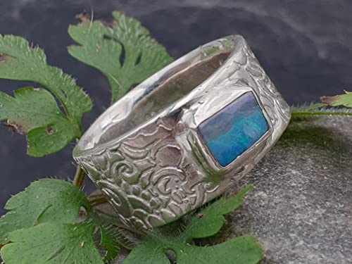 LeoLars-PABE Boulder Opal Ring, Gr.58, aus 925er Silber im Structure Design, Opal 8x6mm, Unikat, Handarbeit