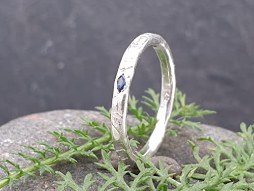 LeoLars-PABE Blauer Saphir Design Ring, Gr.49, aus 925er Silber, Navette, gehämmert, Unikat, Handarbeit