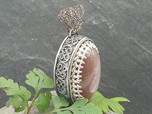 LeoLars-PABE Großer indischer Mondstein Filigree Anhänger aus 925er Silber, dark-rose, massiv, groß, teilgeschwärzt, Unikat, Handarbeit