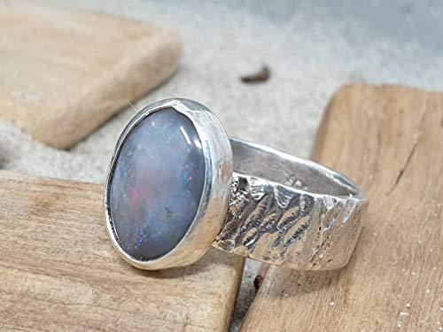LeoLars-PABE Lightning Ridge Opal Ring aus 925er Silber, Gr.58, Struktur Ringschiene, Unikat, Handarbeit