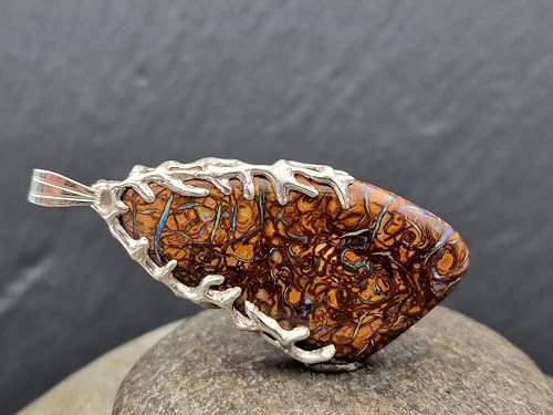 LeoLars-PABE Tribal Design Boulder Opal Anhänger aus 925er Silber mit herrlichem Muster und partiellem Opalfeuer, beidseitig Tragbar, Unikat, Handarbeit