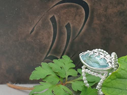 LeoLars-PABE Aquamarin Design Ring, Gr.58 (18,5), aus 925er Silber, Eisblume, Perldraht Ringschiene, Unikat, Handarbeit