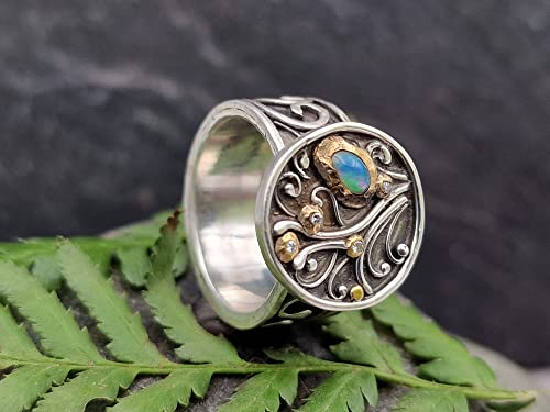 LeoLars-PABE Lightning Ridge Opal Design Filigree Ring, Gr.57 (18.2), aus 925er Silber mit vier Diamantan in Feingold Fassungen, geschwärzt, Unikat, Handarbeit