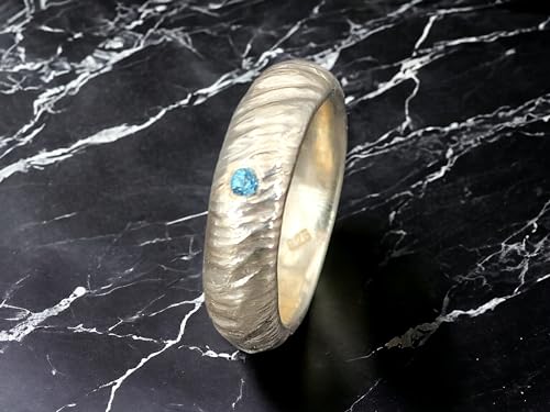 LeoLars-PABE Maritimer Blautopas Wellen Design Ring, Gr. 60 (19), aus 925er Silber, Blautopas Swiss Blue rund facettiert, Wellen Struktur, Unikat, Handarbeit