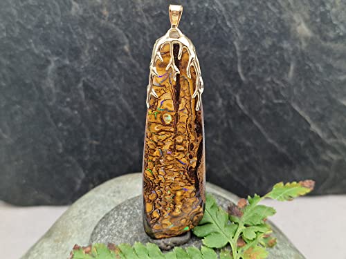 LeoLars-PABE Boulder Opal Design Anhänger mit 585er Tribal Gold Aufhängung, grün-blaues Opalfeuer, tolles Muster, beidseitig tragbar, Unikat, Handarbeit
