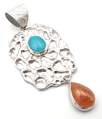 LeoLars-PABE Design Anhänger aus 925er Silber mit Amazonit und Mandarin Granat, handgefertigte Schlaufe, Unikat, Handarbeit