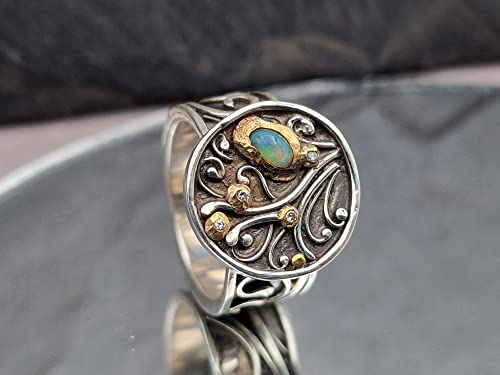LeoLars-PABE Lightning Ridge Opal Design Filigree Ring, Gr.57 (18.2), aus 925er Silber mit vier Diamantan in Feingold Fassungen, geschwärzt, Unikat, Handarbeit