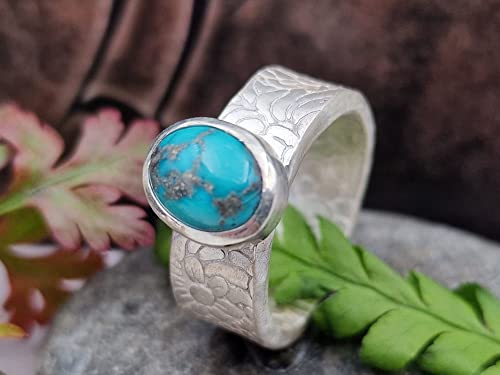 LeoLars-PABE Echter Türkis Design Ring, Gr.56 (18), aus 925er Silber, floral geprägte Ringschiene, massiv, Unikat, Handarbeit