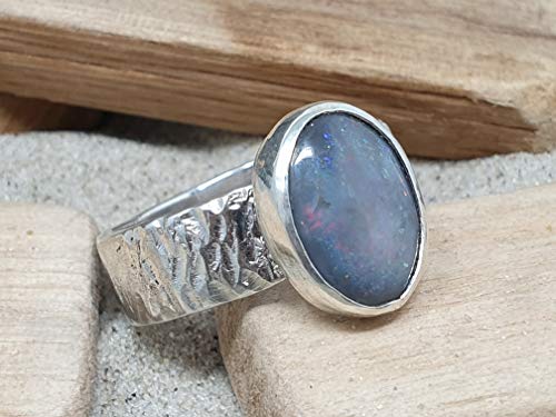 LeoLars-PABE Lightning Ridge Opal Ring aus 925er Silber, Gr.58, Struktur Ringschiene, Unikat, Handarbeit