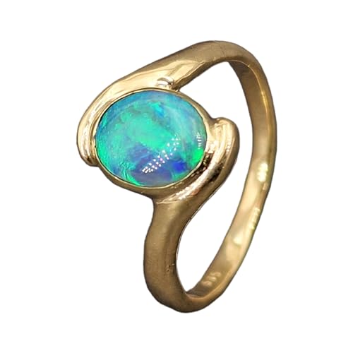 LeoLars-PABE Lightning Ridge Opal Design Ring, Gr. 65 (20,5), aus 585er Gelbgold, Opal brilliantes grünes Opalfeuer, Semi Chrystal, 9,3 x 7,5mm, Unikat, Handarbeit