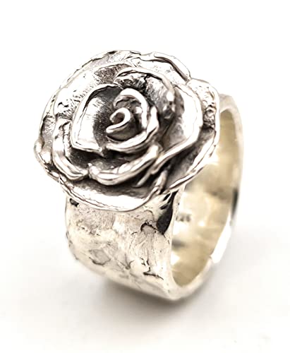 LeoLars-PABE Massiver 925er Silber Ring, Gr.61, mit Rosenblüte, handmodelliert, organische Oberfläche, Unikat, Handarbeit