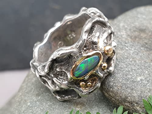 LeoLars-PABE Organic Design Schwarzer Opal Ring, Gr.49, aus 925er Silber mit Goldakzenten, Unikat, Handarbeit